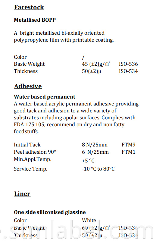 Metallised Bopp Tc Water Based Permanent White Glassine